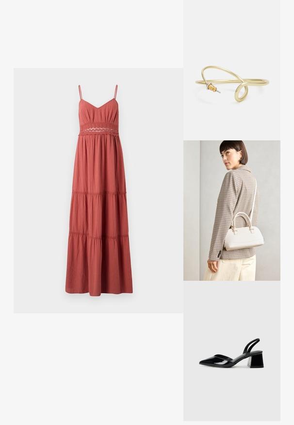 Maxime dress in rust color, which has thin straps, a fitted bodice with lace details, and a tiered skirt with gathered texture.; Mustat patentoitu nahkakengät, joissa on säären takaosa ja terävä kärki, sekä geometrinen palikkakorko. Sisältää tyylikkään, minimalistisen muotoilun ja sileän pinnan.; Valkoinen rakenteellinen käsilaukku, jossa on lyhyet kahvat ja olkahihna, varustettu kultaisilla metalliosilla ja tekstuurilla, esillä harmaata taustaa vasten.; Kultainen metallinen ranneketju, jossa on sulava ja kaareva muotoilu. Yhdessä päässä on pieni, hallitseva hopeanvärinen korostus.