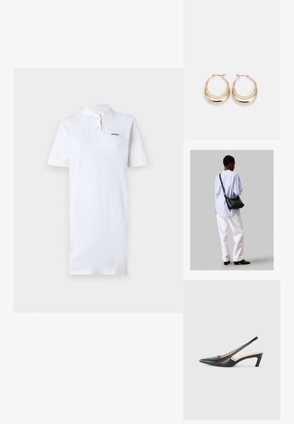 Vestito polo bianco in cotone, con colletto e maniche corte. Include un piccolo logo nero sul lato sinistro del petto. Texture liscia.; Scarpa slingback nera con punta affilata e tacco basso, realizzata in pelle liscia e con un design a taglio laterale per favorire la traspirabilità.; Borsa a tracolla in pelle nera con una texture morbida, forma triangolare e tracolla regolabile, abbinata a una camicia a righe blu chiaro e pantaloni bianchi.; Orecchini a cerchio tonalità oro con forma a mezzaluna, superficie lucidata e chiusura a cerniera. La texture liscia e la finitura riflettente migliorano la visibilità.