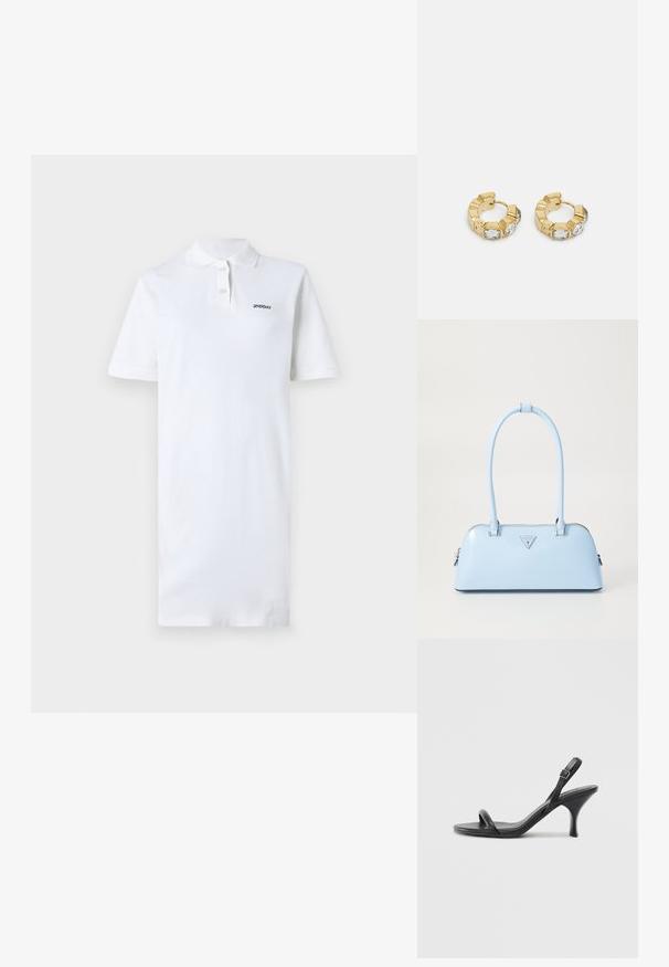 Weißes Polo-Kleid aus Baumwolle mit Kragen und kurzen Ärmeln. Enthält ein kleines schwarzes Logo auf der linken Brust. Glatte Textur.; Schwarze Leder-Sandalen mit hohen Absätzen, schlankem, gebogenem Absatz und gekreuztem Riemendesign. Verstellbarer Knöchelriemen. Glatte Textur.; Helle blaue Handtasche mit strukturierter Form, glattem Leder, zwei Griffen und einem dreieckigen Markenlogo auf der Vorderseite. Mit Reißverschluss.; Goldene Creolen mit einem strukturierten Design und drei klaren Kristallakzenten auf einer Seite, die eine moderne geometrische Ästhetik bieten.