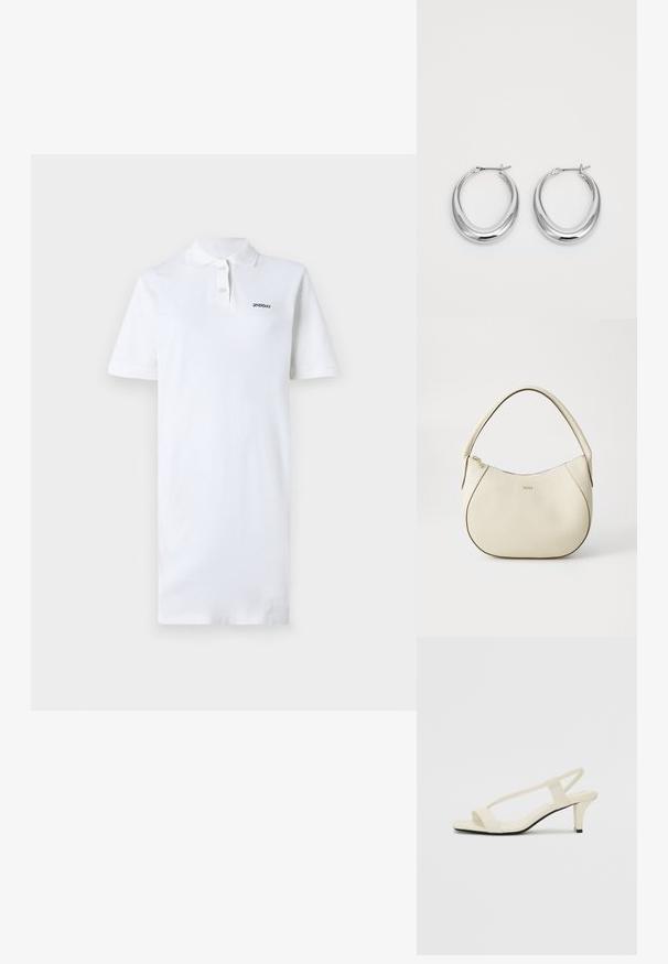 Witte polodress van katoen, met een kraag en korte mouwen. Inclusief een klein zwart logo op de linkerborst. Gladde textuur.; Beige blockhak sandalen met dunne bandjes en een vierkante neus. Glad materiaal met minimale details, ontworpen voor eenvoudig dragen.; Crème-kleurige handtas met een gestructureerde afwerking, gebogen vorm, korte handgreep en een goudkleurige logo-applicatie. Ritsafsluiting aan de bovenkant.; Een paar gepolijste zilveren halvmaan-hoepeloorbelletjes met scharnier-sluitingen op een witte achtergrond.
