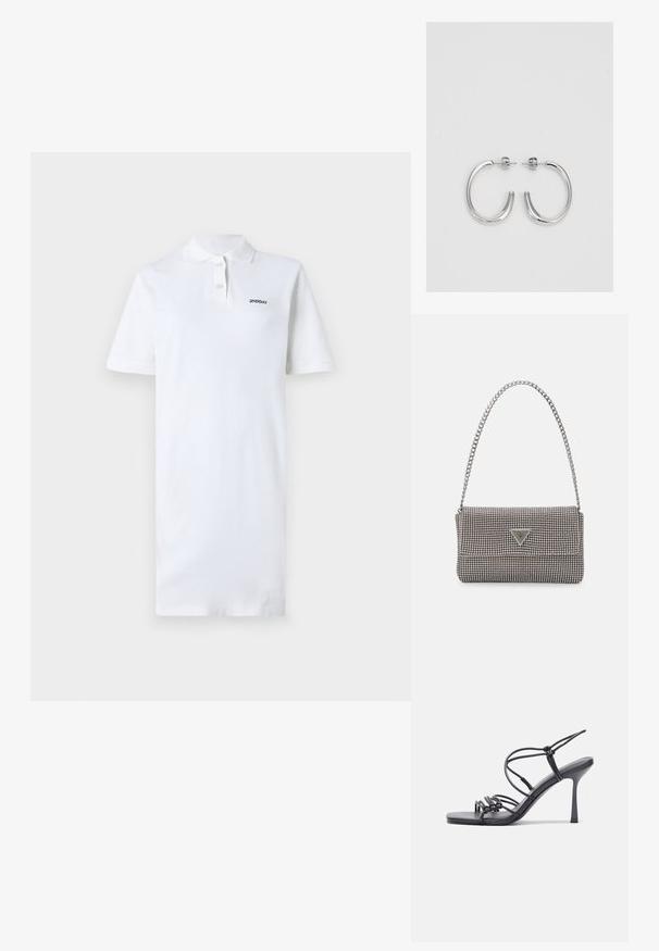Weißes Polo-Kleid aus Baumwolle mit Kragen und kurzen Ärmeln. Enthält ein kleines schwarzes Logo auf der linken Brust. Glatte Textur.; Schwarze, hochhackige Sandalen mit dünnen Riemen und einem geknoteten Design, einer glatten, rechteckigen Zehenpartie und einem eleganten Stiletto-Absatz.; Hellegraue metallische Handtasche mit einer Kettenriemen, verziert mit kleinen kreisförmigen metallic Nieten und einem dreieckigen Markenlogo.; Silberne Creolen mit einer glatten, glänzenden Oberfläche. Abgerundete Form, leichtes Design, mit einer Steckverschluss.