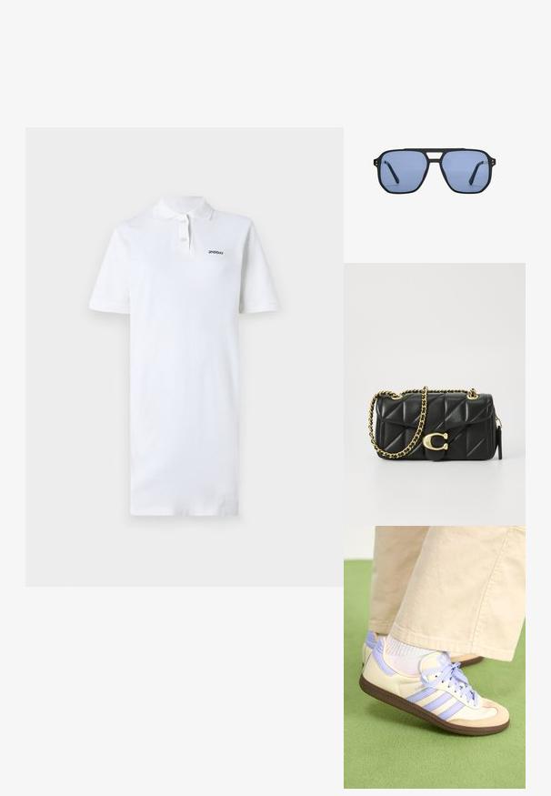 Vestito polo bianco in cotone, con colletto e maniche corte. Include un piccolo logo nero sul lato sinistro del petto. Texture liscia.; Sneakers crema e lavanda con tre strisce e suola marrone texturizzata, dotati di lacci e tallone imbottito. Parte superiore in tessuto morbido.; Stradivarius RETRO - Occhiali da sole - light blue; Borsa a tracolla in pelle nera trapuntata con una catena dorata e un fermaglio a scatto con un accento circolare. Forma rettangolare compatta.