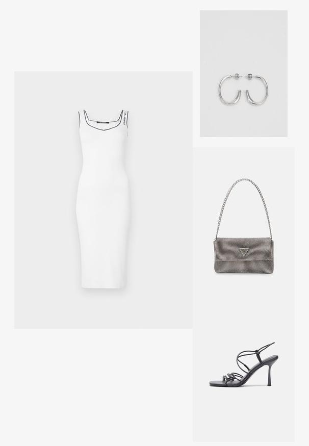 Balta bezpiedurkņu kleita ar pieguļošu dizainu, ar izteiktu kakla izgriezumu un kontrastējošām melnām šuvēm gar malām un zīmola etiķeti.; Melnas augstpapēžu sandales ar plāniem siksniņām un mezgla dizainu, gluda kvadrātveida purngalu un elegantu stiletto papēdi.; Gaiši pelēka metāla rokassoma ar ķēdes siksnu, rotāta ar mazām apaļām metāla kniedēm un trīsstūra zīmola logo.; Sudraba riņķveida auskari ar gludu, spīdīgu apdari. Apaļas formas, viegla dizaina, ar aizdari uz stieples.