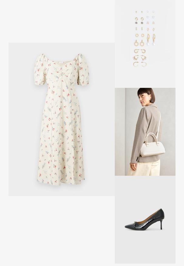 Rochie midi florală cu mâneci scurte și puff. Material galben deschis decorat cu modele florale roșii și albastre. Siluetă dreaptă, decolteu rotund.; Pantofii cu toc înalt din piele lacuită neagră, cu vârf ascuțit, detalii decorative cu curea în față și toc subțire tip stiletto.; Geantă structurată albă, cu mânere scurte și curea de umăr, având accente din metal aurit și material texturat, expusă pe un fundal gri.; Set de cercei aurii, cu diverse designuri, inclusiv cercei tip stud, cercei hoop și cercei lungi cu perle și strassuri.
