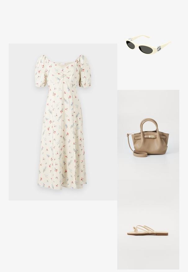 Robe midi floral com mangas curtas bufantes. Tecido amarelo claro adornado com padrões florais em vermelho e azul. Silhueta reta, decote redondo.; Sandálias planas bege com três tiras finas e um pequeno detalhe redondo em dourado. Material liso com um design minimalista e sola castanha.; Óculos de sol cor creme com lentes ovais, tonalidade preta e detalhes em metal no templo. Textura suave, design em formato de gato.; Bolsa de couro bege com alças duplas e uma alça de ombro destacável. Apresenta um fecho em tom dourado e uma superfície texturizada.