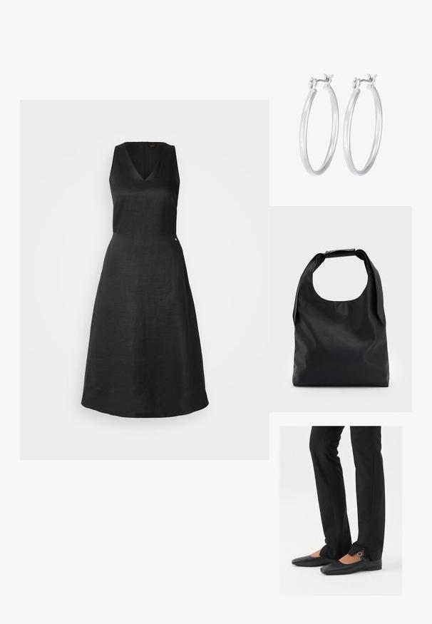Svart ärmlös klänning, V-ringad design, tillverkad av linne, A-linjeformad silhuett, har en sidodragkedjestängning och en liten accentdetalj.; Svarta läderballetskor med spetsig tå, rem med silverspänne, kombinerade med svarta skräddarsydda byxor med slitsar i fållen.; Svart läder hobo-väska med ett enda, mjukt, rundat handtag; har en slät textur och en minimalistisk design. Ingen synlig hårdvara eller detaljer.; Silverfärgade hoopörhängen med en slät, polerad yta. Rund form och säker klickstängning. Lättviktig design som passar för vardagligt bruk.
