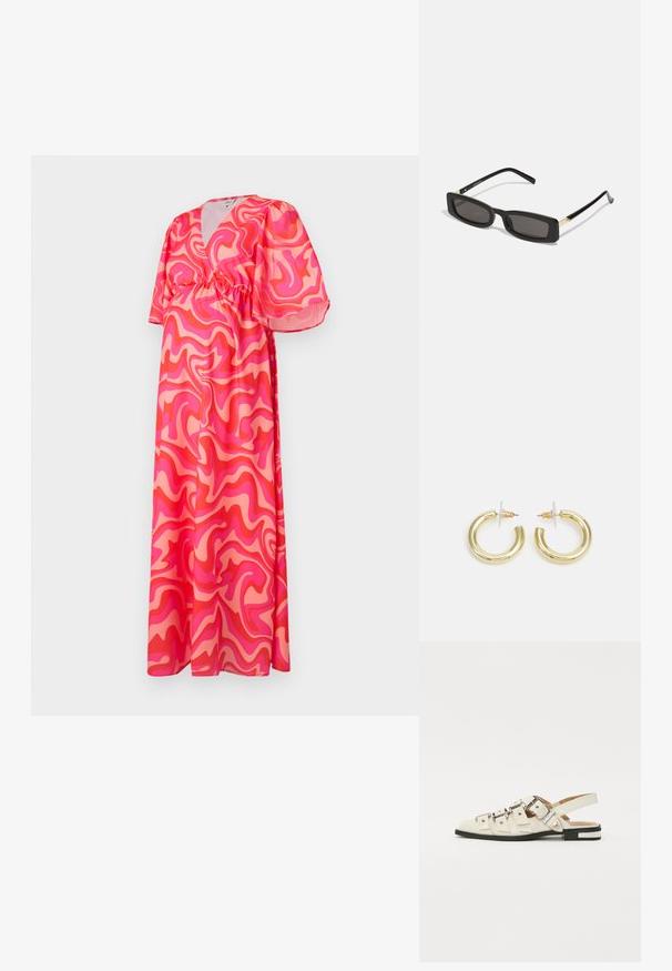 Maxi suknelė su gilia V formos iškirpte, trumpomis pūstomis rankovėmis ir elastingu juosmeniu, su rožine ir koraline abstrakčia spirale lengvoje medžiagoje.; Balno sandalai, pagaminti iš baltos odos, su keliais plačiais diržais ir sidabro spalvos sagtimis; plokščias padas su mažu juodu kulniuku ir metaliniais akcentais.; Juodos stačiakampės akinių nuo saulės su tamsiais lęšiais, blizgančiais plastikinių rėmų ir auksiniais akcentais ant šventyklų. Minimalistinis dizainas ir elegantiška forma.; Aukso auskarai su lygiu, blizgiu paviršiumi. Apvalus dizainas su maža užrakto dalimi ir skaidria atrama saugiam nešiojimui.