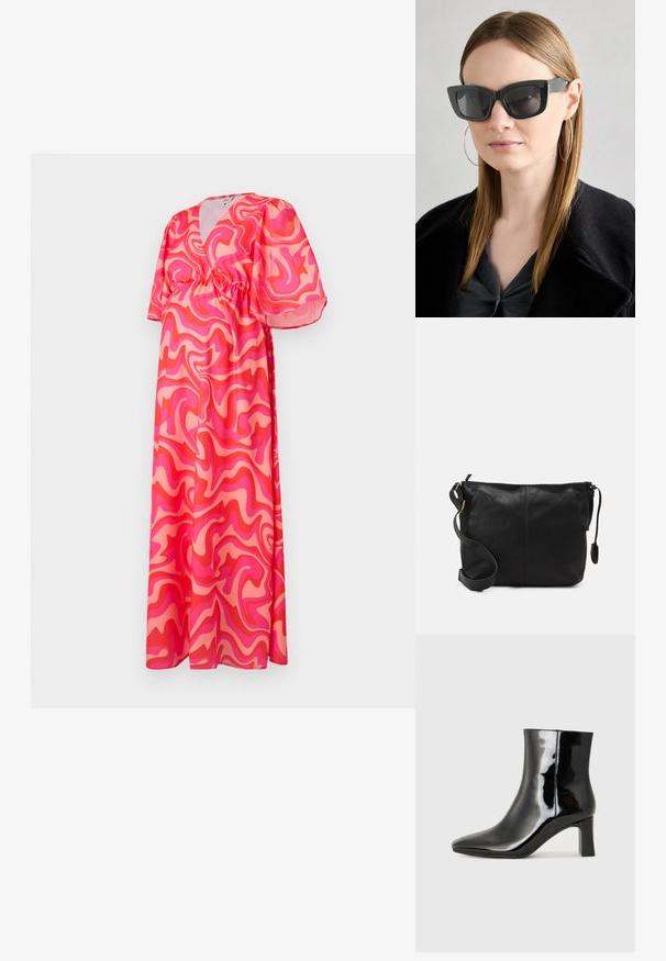 Vestuário maxi com um decote em V profundo, mangas curtas balão e uma cintura elástica, apresentando um padrão abstrato em tons de rosa e coral em tecido leve.; Botim de tornozelo em pele sintética preta com bico apontado e salto bloco de altura média. Textura suave e design minimalista.; Óculos de sol pretos em formato de gato com lentes escuras, armações grossas e acentos subtis. Usados com um casaco preto e uma blusa cinza, apresentando cabelo longo e liso.; Mala de ombro em couro preto com forma plana, detalhes em metal dourado e alça ajustável. Textura suave com detalhes de costura mínimos.