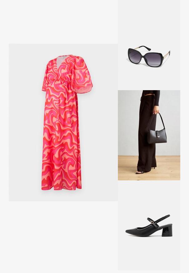 Rochie lungă cu decolteu adânc în V, mâneci scurte tip balon și talie elastică, având un model abstract în nuanțe de roz și corai pe un material ușor.; Cizme cu toc slingback din piele sintetică lacuită neagră, cu vârful ascuțit, un design cu decupaj rotunjit și toc bloc. Include un accent cu cataramă de culoare aurie.; Ochelari de soare negri, supradimensionați, cu lentile degradate, rame groase și detalii cu lanț de ton auriu pe brațele templului.; Genți negre cu o formă structurată, textură netedă și un închizător metalic. Asortată cu pantaloni negri largi și sandale cu vârf deschis pe un podea din lemn.