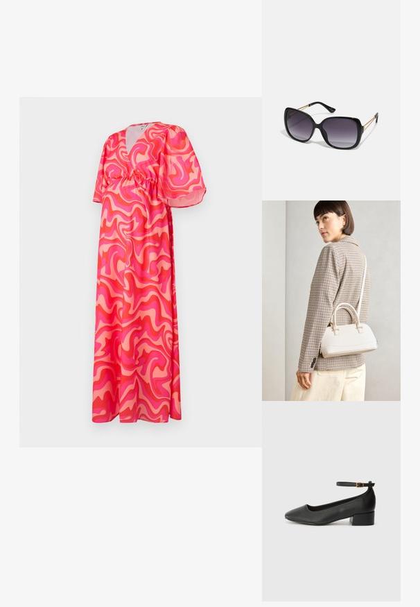 Maxikjole med dyp V-hals, korte pufferm, og elastisk midje, med et rosa og korall abstrakt virvelmønster på lett stoff.; Sorte skinnpumper med spiss tå og lav blokkhelt. Har ankelrem med gullfarget spenne. Glatt tekstur.; Sorte oversized solbriller med gradient linser, tykke rammer og detaljering med gulltonekjede på tempelarmene.; Hvit strukturert håndveske med korte håndtak og skulderreim, med detaljer i gullfinish og teksturert materiale, vist mot en grå bakgrunn.