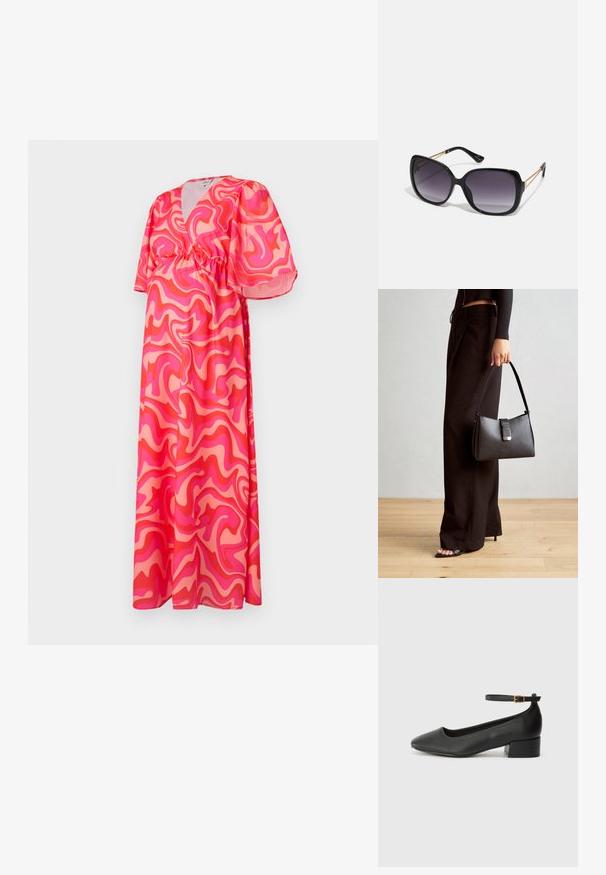 Maxi obleka z globokim V-izrezom, kratkimi naborkastimi rokavi in elastičnim pasom, z roza in koralnimi abstraktnimi spirali na lahkem materialu.; Črne usnjene pumpice z nazobčanimi prsti in nizko blokasto peto. Imajo trak okoli gležnja z zaponko v zlatem tonu. Gladka tekstura.; Črne prevelike sončne očala z degradacijskimi lečami, debelimi okvirji in zlatimi verižicami na ročajih.; Črna torbica z strukturirano obliko, gladko teksturo in kovinskim zaponko. Ujemajo se z širokimi črnimi hlačami in odprtimi sandali na lesenem tleh.