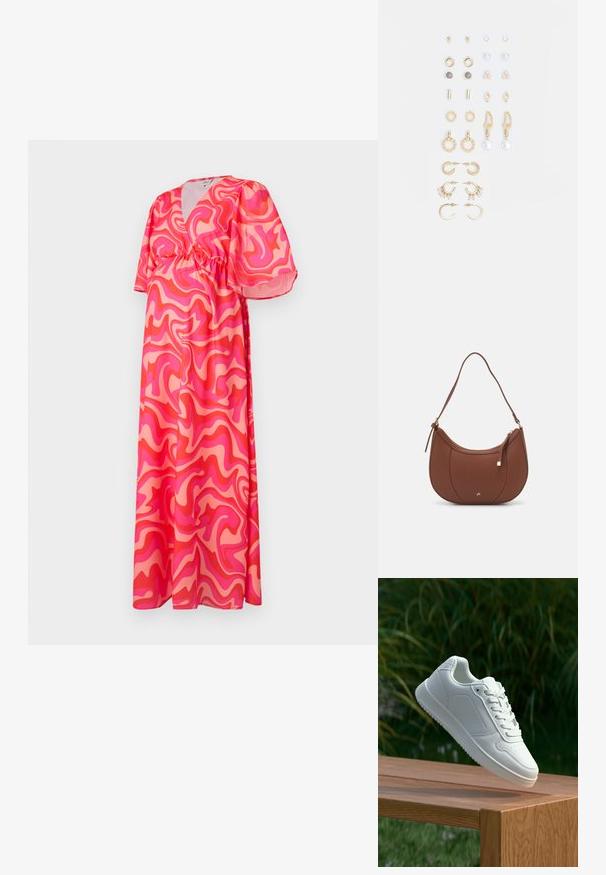 Maxikjole med dyp V-hals, korte pufferm, og elastisk midje, med et rosa og korall abstrakt virvelmønster på lett stoff.; Hvite sneakers med en glatt syntetisk overdel, perforert tåboks, flate snørebånd og en teksturert såle, vist på en treflate.; Brun kunstlæder skuldertaske med buet form, minimal syning og detaljer i guld-tonet hardware. Har en top lynlås lukning og justerbar rem.; Sett med gullfargede øredobber med ulike design, inkludert stikkere, hoops og hengende deler med perler og rhinestones.