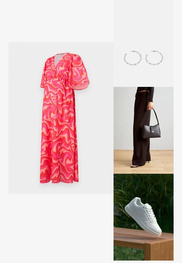 Maxi dress with a deep V-neckline, short puff sleeves, and an elastic waist, featuring a pink and coral abstract swirl pattern on lightweight fabric.; White sneaker with a smooth synthetic upper, perforated toe box, flat laces, and a textured sole, displayed on a wooden surface.; Black handbag with structured shape, smooth texture, and a metallic clasp. Paired with wide black pants and open-toe sandals on wooden floor.; Silver hoop earrings with a twisted design, featuring a polished finish and post-back closure. Measure approximately 3 cm in diameter.