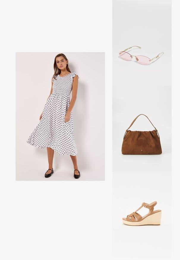 Apricot - Sukienka letnia; Beżowe sandały na koturnie z krzyżowymi paskami, regulowanym zapięciem na kostkę oraz teksturowanym plecionym koturnem w stylu espadryli.; Gucci - Okulary przeciwsłoneczne; Brązowa torebka z zamszu o marszczonym wzorze, z pojedynczym paskiem w kolorze tan i subtelnym złotym logo z przodu.