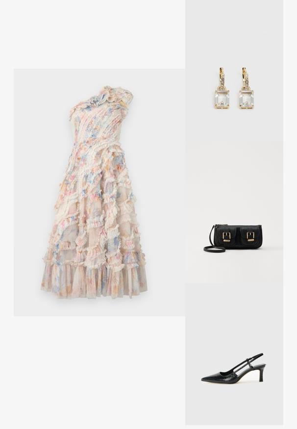 Rochie asimetrică cu volane suprapuse în culori pastelate, realizată dintr-un material ușor, cu o siluetă fluidă și un tiv în straturi.; Pantofi cu toc slingback negri din patent, cu vârf ascuțit, cu imprimeu de șarpe texturat, curea ajustabilă și toc scurt texturat.; Geantă neagră din piele, tip crossbody, cu două buzunare frontale, catarame aurii, închidere cu fermoar și o curea subțire. Suprafață texturată și formă rectangulară compactă.; Cercei aurii care prezintă un cristal clar, rectangular, suspendat sub un rând de accente mici, rotunde, clare. Design elegant și modern.