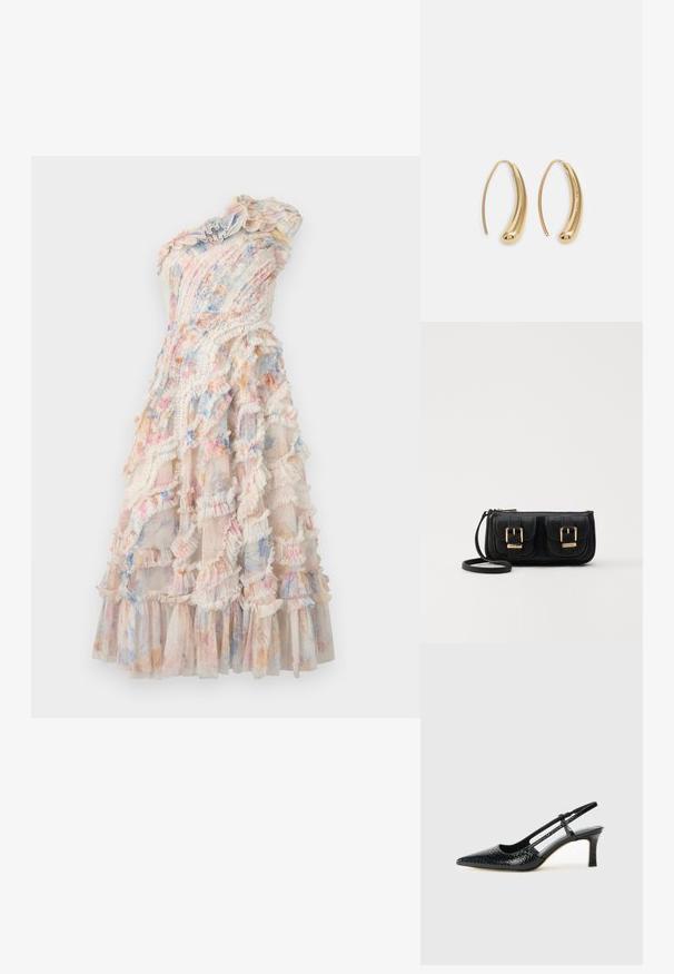 Asymetrické šaty s vrstvenými volánmi v pastelových farbách, vyrobené z ľahkej tkaniny s jemným siluetom a stupňovitým lemom.; Čierne patentové slingback topánky na ihlovom podpätku s špicatou špičkou, s textúrovaným hadím vzorom, nastaviteľným popruhom a krátkym, textúrovaným blokovým podpätkom.; Čierna kožená crossbody taška s dvoma prednými vreckami, zlatými sponami, zipsovým uzatváraním a úzkym popruhom. Štruktúrovaný povrch a kompaktný obdĺžnikový tvar.; Náušnice vo forme zlatých kovových kruhov s zakriveným, predĺženým tvarom. Majú hladký, lesklý povrch a zaoblený koniec pre pridanie detailu.