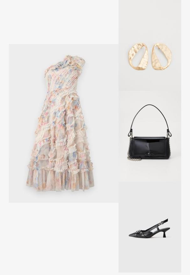 Asimetrična obleka z večplastnimi volančki v pastelnih barvah, izdelana iz lahkotnega blaga z tekočo silhueto in večplastnim robom.; Črne usnjene sandale središnje zaponke z ostro konico, okrasnimi trakovi z kovinskimi očesi in nizko blokasto peto. Teksturirana površina.; Črna lakirana usnjena torbica pravokotne oblike, s verižnim trakom in značilnim kovinskim detajlom na sredini. Gladka textura.; Par nenavadno ovalnih zlatih metalnih uhani s teksturirano, rahlo udarjeno površino na belem ozadju.