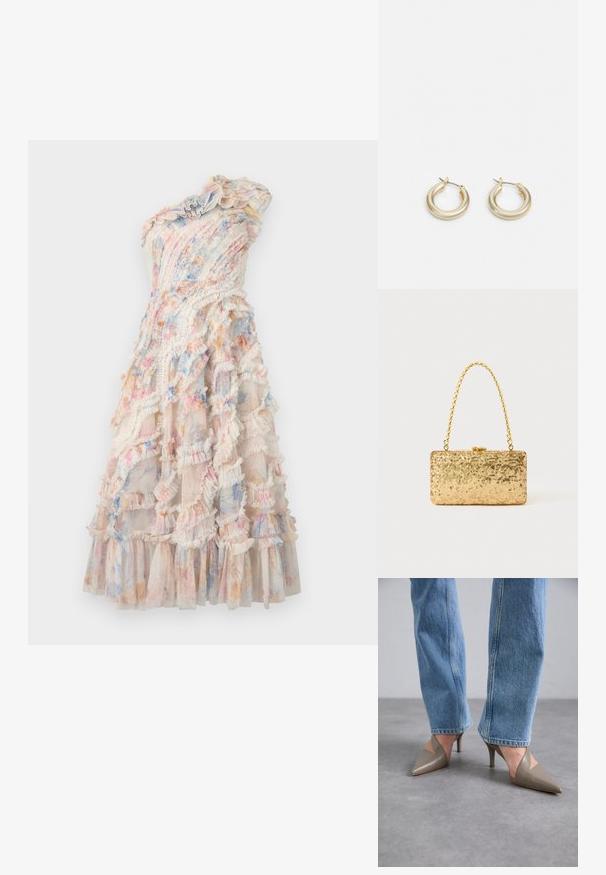 Asimetrična obleka z večplastnimi volančki v pastelnih barvah, izdelana iz lahkotnega blaga z tekočo silhueto in večplastnim robom.; Sive točke z visokimi petami s piksli, z obliko v izreza, z ozkim stiletto peto. Nosite s svetlo modrimi ravnimi hlačami.; Zlata torbica s pomičnim šalom v pravokotni obliki, z zasukano verižico in kovinskim zapiranjem, ki odseva svetlobo z teksturirano površino.; Lauren Ralph Lauren BASIC SMALL HOOP - Uhani - gold-coloured