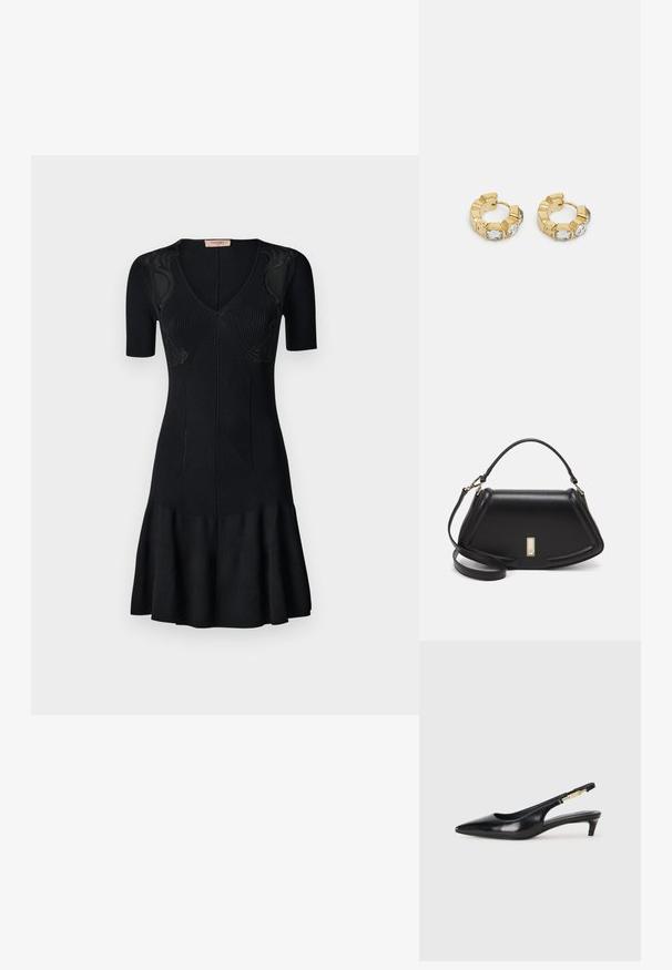 Abito a maglia nero a coste con maniche corte, scollatura a V, orlo svasato e dettagli testurizzati sul corpino. Design liscio e aderente.; Tacchi slingback in pelle nera con punta affusolata, caratterizzati da un tacco alto e un accento dorato sulla cinghia regolabile. Texture liscia.; Borsa a mano in pelle nera con un design strutturato, caratterizzata da una forma corta, manico superiore e accessori in metallo dorato. Inclusa tracolla regolabile.; Orecchini a cerchio in oro con un design testurizzato e tre accenti di cristalli trasparenti su un lato, che offrono un'estetica geometrica moderna.