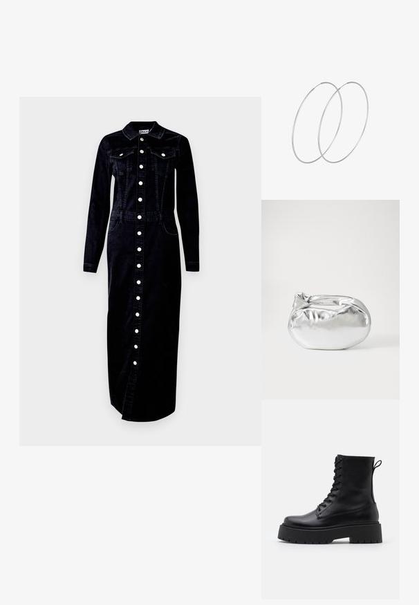 Juodas džinsinis suknelė, ilgomis rankovėmis, mygtukų užsegimu priekyje, apykakle, dviem krūtinės kišenėmis ir šoninėmis kišenėmis, su sidabriniais mygtukų akcentais.; Juodos odinės aulinukės su apvalia nosimi, raišteliais priekyje ir storesniu guminio pado apačioje su tekstūruotu raštu. Priekyje yra kilputė.; Sidabrinė metalinė maišelio forma su švelnia, apvalia forma ir mazgu užveriamu viršumi. Pagaminta iš lygios dirbtinės odos medžiagos.; Sidabrinės pusmėnulio auskarai minimalistiniu dizainu. Apskritimo forma, lygus paviršius ir plonas profilis. Lengvi su poliruotu apdailu.