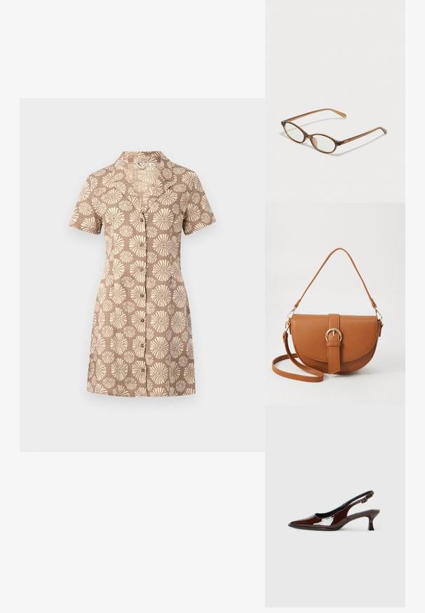 Rochie din material maro cu maneci scurte, având un model floral crem pe întreaga suprafață, cu guler și design cu nasturi pe față.; Pantofii slingback din piele patent maro, cu vârful ascuțit și un toc moderat. Prezintă o curea cu prindere pentru o potrivire sigură. Textură netedă.; Ochelari în nuanță de țestoasă maro, cu lentile ovale, brațe subțiri și accente transparente. Prezintă un logo subtil pe tâmplă. Design elegant și ușor.; Geantă din piele maro, tip crossbody, cu o formă curbată, accesorii aurii și un accent cu cataramă. Dispune de un curea de umăr detașabilă.