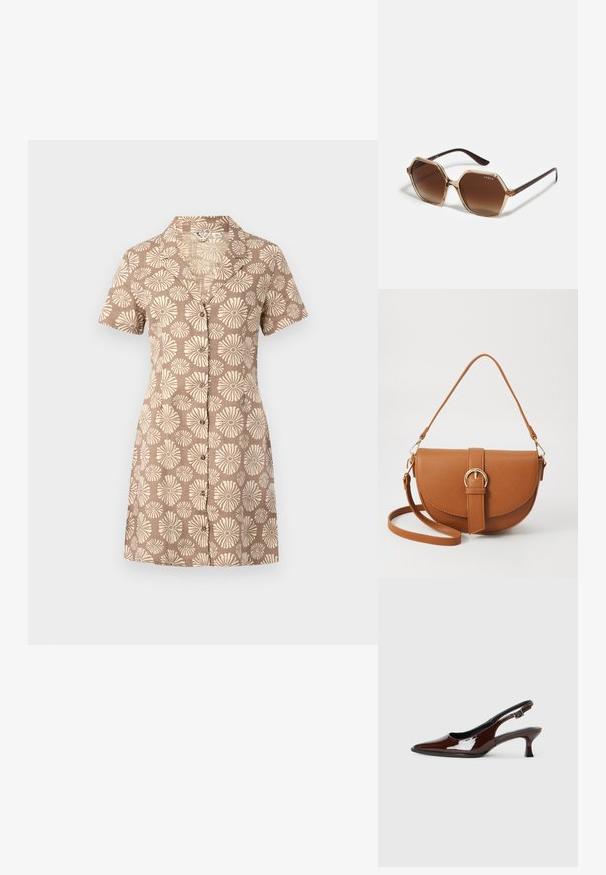Vestido de camisa de mangas curtas em tecido castanho com um padrão floral em creme por toda a sua extensão, apresentando um colarinho e um fecho frontal com botões.; Sapato slingback em pele sintética castanha com bico pontiagudo e salto moderado. Apresenta uma fivela para um ajuste seguro. Textura suave.; Óculos de sol hexagonais com lentes em degradé castanho, armação transparente bege e hastes castanhas escuras. Apresenta a marca "vogue" de um lado.; Bolsa transversal de couro castanho com um formato curvado, ferragens douradas e um detalhe de fivela. Inclui uma alça de ombro destacável.
