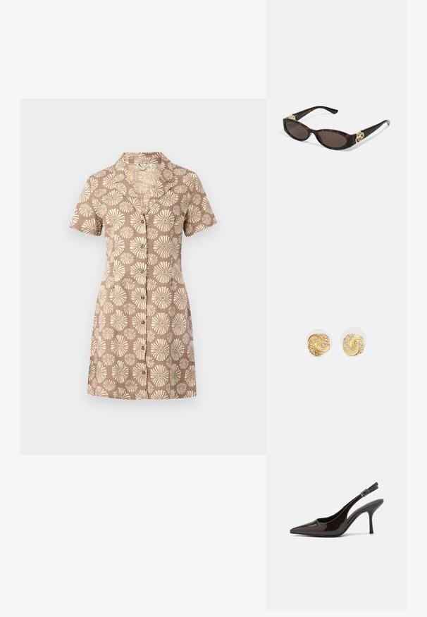Šort-sleeve kleita brūnā audumā ar krēmkrāsas ziedu rakstu visā virsmā, ar apkakli un pogu aizdari priekšpusē.; Slingback augstpapēžu kurpe ar spīdīgu tumši brūnu lakotu ādu, ar norādītu purngalu, atvērtām pusēm un regulējamu potītes siksniņu.; Tīģerbrūnā sauļošanās brillēm ar izstieptām ovālām lēcām, brūnu tonējumu, zeltītiem logotipa akcentiem uz tempļiem un plānām melnām kājām.; Zelta vērpes auskari ar caurspīdīgu aizmuguri, ar struktūrētiem zelta akcentiem un maziem caurspīdīgiem dārgakmeņiem, kas iestrādāti dizainā.