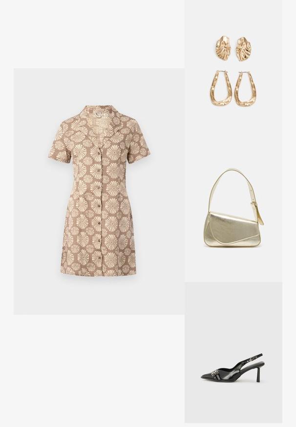 Rövid ujjú ingruha barna szövetből, teljes felületén krémszínű virágmintával, gallérral és gombos elülső kialakítással.; Fekete lakk bőr, hegyes orrú slingback cipő, boka pántokkal, ezüst csatokkal és hardverelemekkel, valamint karcsú sarkú.; Arany fémes kézi táska, strukturált dizájnnal, sima felülettel és állítható pánttal. Egyedi háromszög alakú, minimalistának mondható varrásokkal rendelkezik.; Aranyszínű fülbevalók, texturált, hullámos formákkal. Tartalmazza a szobrászati klipszes studokat és az open hoop kialakítást, kalapácsos felülettel.