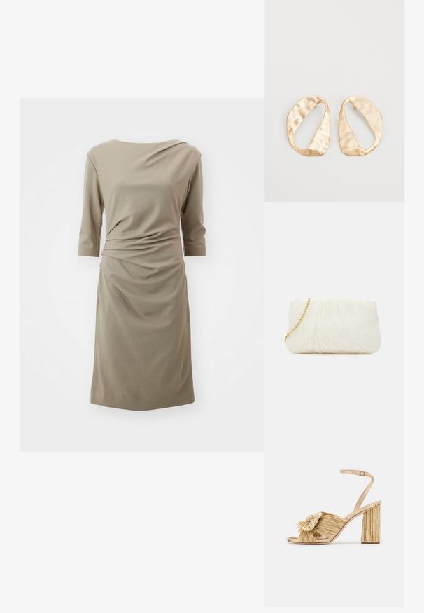 Olive roheline, põlve pikkuses kleit pehmest kangast; omab volditud disaini kolmeveerandi pikkuste varrukatega ja peent volditamist küljel.; Kuldsete kontsadega sandaalid, mille esiosas on sõlm, pleatitud tekstuur ja pahkluu rihm. Tootel on plokknokk, millel on sooneline disain, mis parandab haarduvust.; Valge tekstuuriga käekotike, millel on volditud disain ja kuldne ahel. Sile viimistlus peente lainetega ja ümarate servadega.; Eba paar eba ebaorditud ovaalkujulisi kuldehhe kaal setertu, kerge keersuju pinnaga valgel taustal.