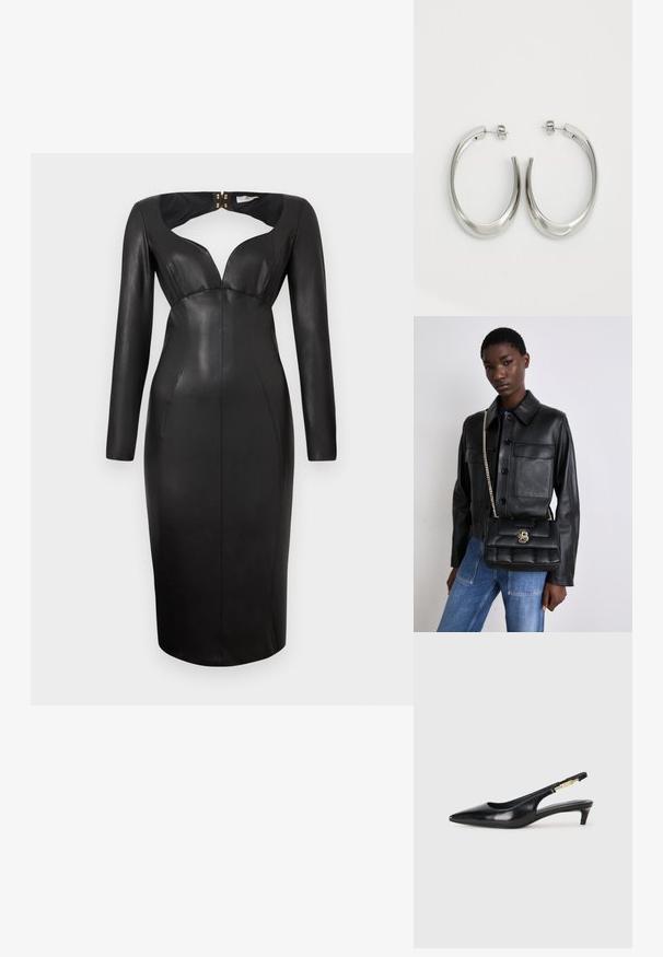 Černé přiléhavé midi šaty z umělé kůže s dlouhými rukávy, hlubokým výstřihem do V a předním výřezem s knoflíkovým zapínáním na zadní straně.; Černé kožené boty na podpatku s otevřenou patou a špičatou špičkou, s tenkým podpatkem a zlatým akcentem na nastavitelném pásku. Hladký povrch.; Černá kožená bunda s knoflíkovým zapínáním a dvěma předními kapsami, spárovaná s černou prošívanou kabelkou s zlatým uzávěrem a řetízkovým popruhem.; Stříbrné kruhové náušnice s hladkým, zakřiveným designem. Vyznačují se lesklým kovovým povrchem a zapínáním na patent. Žádné viditelné vzory nebo akcenty.