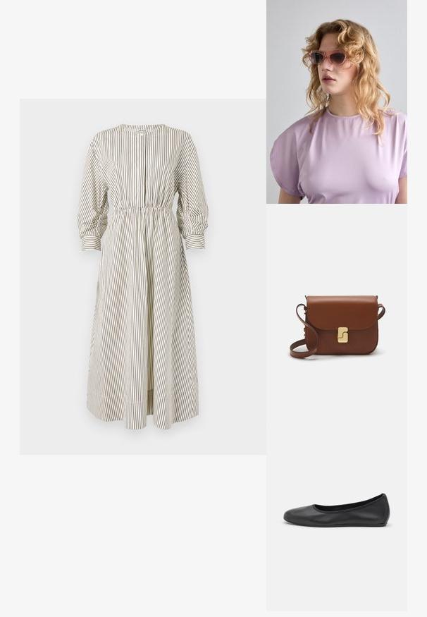 Rööbastega kleit kreemi- ja pruuni värviga, millel on pikad puhv-sleeves, elastne vöökoht ja nööpkinnitus. Kangas on sileda tekstuuriga.; Musthave mustika tantsutossud mustast nahast, ümmarguse varbaga, siledast tekstuurist, minimaalse õmblusdetailiga ja paindliku tallakujundusega.; Roosa varjundiga prillid geomeetrilise raamiga, koos pehme lavendlivärvi tipuga, millel on ümar kaelus ja lühikesed varrukad.; Pruunist nahast käekott, millel on klapiga sulgur, kuldne riistvara, õlarihm ja sile tekstuur. Kompaktne ristkülikukujuline vorm.