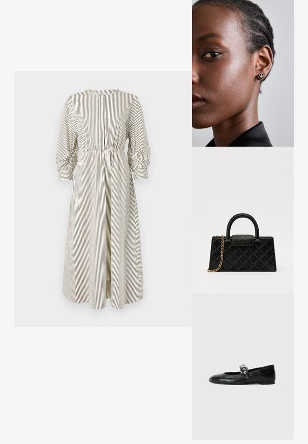 Rochie în dungi, de culoare crem și maro, cu mâneci lungi tip balon, talie elastică și închidere cu nasturi. Materialul are o textură fină.; Balerini din piele neagră, cu vârful ascuțit, având o curea cu o cataramă metalică circulară și o talpă plată.; Geantă de mână neagră din piele texturată, cu un model în diamant, curea din lanț cu ton auriu și un mânere superior cu o închidere cu clapetă embosată cu logo.; Cerceii cu studs florali de aur au un centru texturat de culoare neagră și detalii delicate. Pielea clară a modelului și părul împletit sunt vizibile în profil.