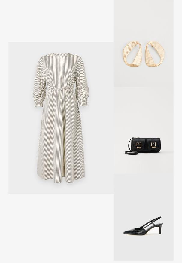 Stribet kjole i creme og brun, med lange puffede ærmer, elastisk talje og knaplukning. Stoffet har en glat tekstur.; Sorte patent slingback hæl med spids tå, prydet med tekstureret slangeskindsmønster, justerbar rem og en kort, tekstureret blokhæl.; Sort læder crossbody taske med to frontlommer, guldspænder, lynlåslukning og en slank rem. Struktureret overflade og kompakt rektangulær form.; Et par uregelmæssige ovalformede øreringe i guldtonet metal med en tekstureret, let hamret overflade på en hvid baggrund.