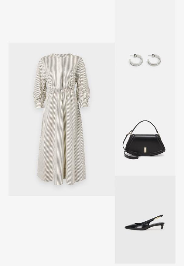 Prúhované šaty v krémovej a hnedej farbe, s dlhými puffovými rukávmi, elastickým pásom a zapínaním na gombíky. Tkanina má hladkú textúru.; Čierne kožené slingback opätky s špicatou špičkou, s úzkym opätkom a zlatým detailom na nastaviteľnom remienku. Hladká textúra.; Čierna kožená kabelka so štruktúrovaným dizajnom, s krátkym tvarom, hornou rúčkou a zlatými prvkami. Súčasťou je nastaviteľný ramenný popruh.; Strieborné kruhové náušnice s hladkým povrchom a radom malých čírych kamenčekov pozdĺž dolného okraja, so zapínaním na kolík.