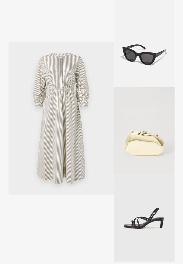 Randig klänning i kräm och brunt, med långa puffärmar, elastisk midja och knäppning med knappar. Tyget har en mjuk textur.; Svart sandaler med remmar och fyrkantig tå samt låg blockklack. Har flera tunna remmar och en justerbar ankelrem. Tillverkad av mjukt läder.; Svarta kattögon-solglasögon med matt yta, utrustade med gråtonade linser, skarpa vinklar och slanka sidobågar. Varumärket synligt på den inre bågen.; Metallisk guldclutch med en slät, rund form, som har en knappstängning på toppen och ett litet kedjehandtag för bärande.