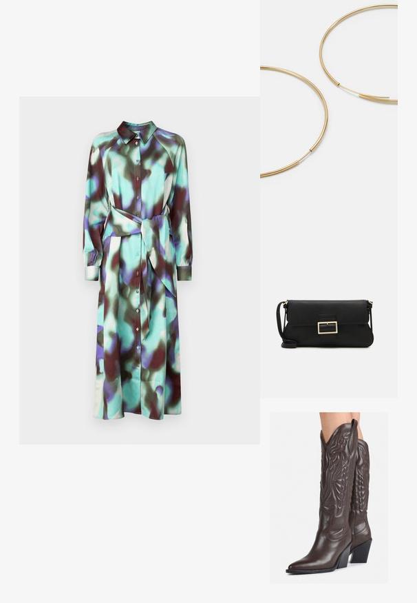 Garais piedurknēs kleita ar apkakli, daudzkrāsains abstrakts raksts tirkīza un bordo krāsās, ar pogām un atbilstošu jostu.; Brūni ādas kovboju zābaki ar norādītu purngalu un blokveida papēdi, ar detalizētu šūšanu un paceltiem akcentiem uz kājas daļas.; Melnas ādas saķeres soma ar atloku un zelta metāla sprādzi. Ietver melnu siksnu un elegantu, minimālistisku dizainu.; Zelta krāsas auskari gredzena formā, plāni un apaļi, ar gludu metāla apdari un bez rotājumiem vai zīmējumiem.