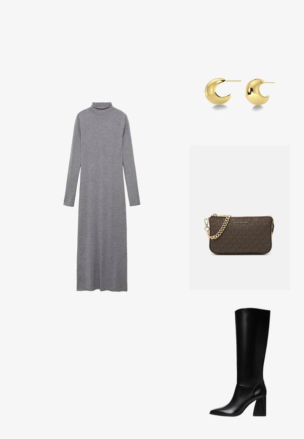 Abito a maniche lunghe e collo alto di un grigio medio, realizzato in un morbido tessuto a maglia. Arriva fino alle caviglie con una silhouette dritta e senza hardware visibile.; Stradivarius Stivali con i tacchi - black; Borsa a tracolla in pelle marrone con motivo logo, tracolla in catena dorata, chiusura con zip e dettagli in metallo dorato. Forma compatta e rettangolare.; Orecchini a perno in tono oro a forma di mezzaluna, con una finitura liscia e lucida e un design minimalista.