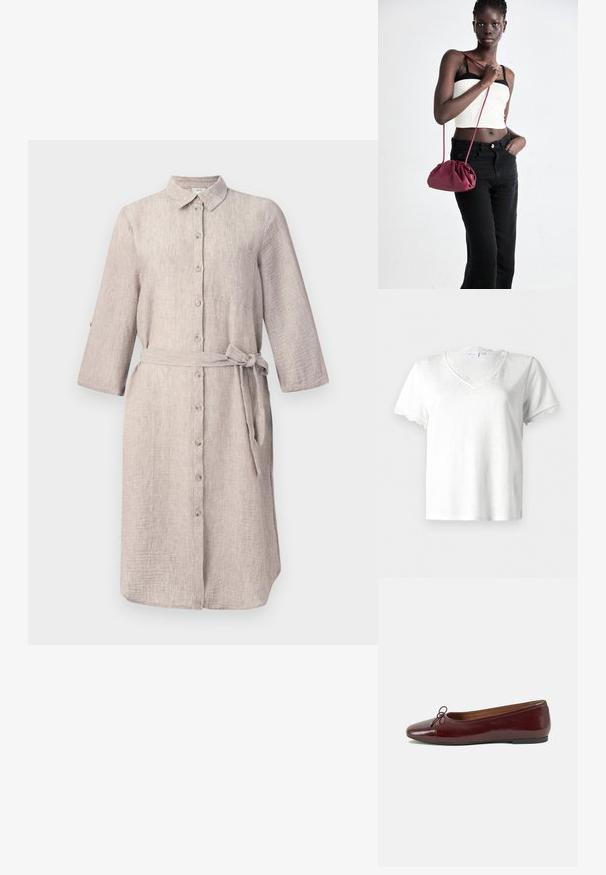 Light beige linen shirt dress with a collar, long sleeves, button-down front, and a matching belt. Features a single chest pocket.; White short-sleeve t-shirt with a V-neck featuring a delicate lace trim on the neckline and sleeve edges, made from lightweight fabric.; Burgundy patent leather ballet flat with a rounded toe, small bow accent at the front, and a low, black rubber sole. Smooth texture.; Burgundy soft fabric handbag with a gathered design and a long strap, worn crossbody. Model wears a white crop top and black jeans.