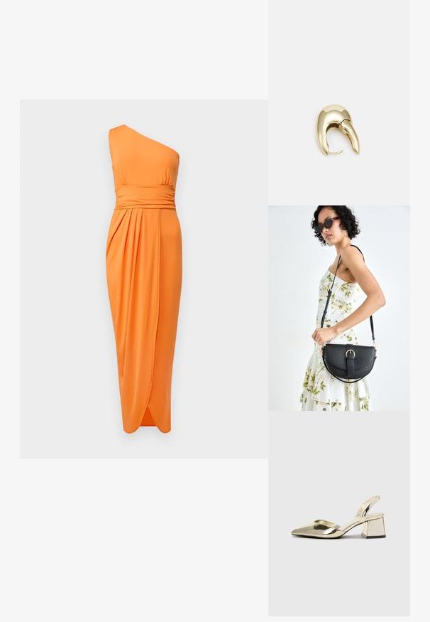 Eno-rameni, oranžna obleka iz elastične tkanine, z zbranim pasom in drapirano sprednjo stranjo za aerodinamično silhueto.; Zlati, kovinski slingback čeveljci z ostrim nosom in masivnim peto. Gladka tekstura, minimalistična zasnova in ozka zanka.; Črna usnjena torbica s ukrivljeno obliko, z odstranljivo naramnico in zlatimi dodatki. Torbica ima pokrov s podrobnostmi v obliki zaponke.; Uhane nakit iz zlatastega tona z gladko, ukrivljeno zasnovo. Ima edinstveno koničasto obliko, polirano površino in zaponko s tečajem.