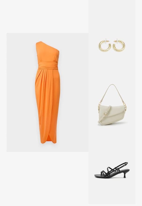 Viena petneša, oranžinė suknelė iš tamprios medžiagos, turinti surinktą liemeni ir drapiruotą priekį, suteikiantį elegantišką siluetą.; Juodos aukštakulnės šlepetės su keliais perrištomis juostelėmis. Lygi medžiaga, smailas nosis ir siauras kulnas. Reguliuojama kulkšnies juostelė su sagtimi.; Mažas kreminis rankinukas su tekstūruotu paviršiumi, ilga reguliuojama juostele, grandinėle ir užsegimu su atvartu. Aukso detalės.; Aukso auskarai su lygiu, blizgiu paviršiumi. Apvalus dizainas su maža užrakto dalimi ir skaidria atrama saugiam nešiojimui.