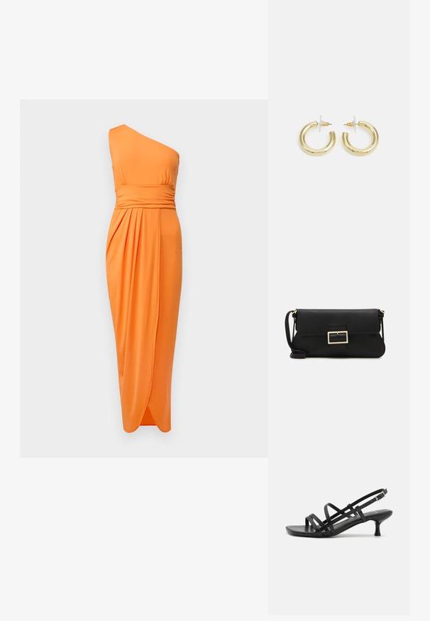 Rochie portocalie cu un umăr, confecționată dintr-un material elastic, cu talie drapată și față drapată pentru o siluetă elegantă.; Sandale negre cu toc, cu mai multe curele încrucișate. Material neted, vârf ascuțit și toc subțire. Curea ajustabilă la gleznă cu cataramă.; Geantă de mână din piele neagră, cu clapetă și un detaliu din metal auriu. Include o curea neagră și un design elegant, minimalist.; Cercei cercuri din aur cu un finisaj neted și strălucitor. Design circular cu un mic suport și un spate transparent pentru o purtare sigură.