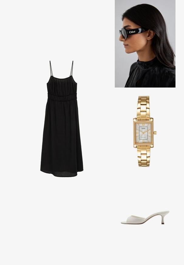 Schwarzes ärmelloses Kleid mit dünnen Trägern, gerafftem Oberteil und einer legeren A-Linie-Silhouette. Hergestellt aus leichtem Stoff mit glatter Textur.; Weiße, offene High-Heel-Mules mit glatter Oberfläche, minimalistischer Gestaltung und schlankem Absatz, ausgestattet mit einem subtilen braunen Akzent auf der Sohle.; Schwarze Sonnenbrille mit runden Gläsern und kräftigen, kantigen Rahmen, auf deren Seite die Marke "Chloé" in Weiß angebracht ist. Glatte, glänzende Oberfläche.; Goldfarbene rechteckige Armbanduhr mit Zifferblatt in Weiß, silbernen Stundenmarkierungen und einem strapazierfähigen Metallarmband. Wasserfest.