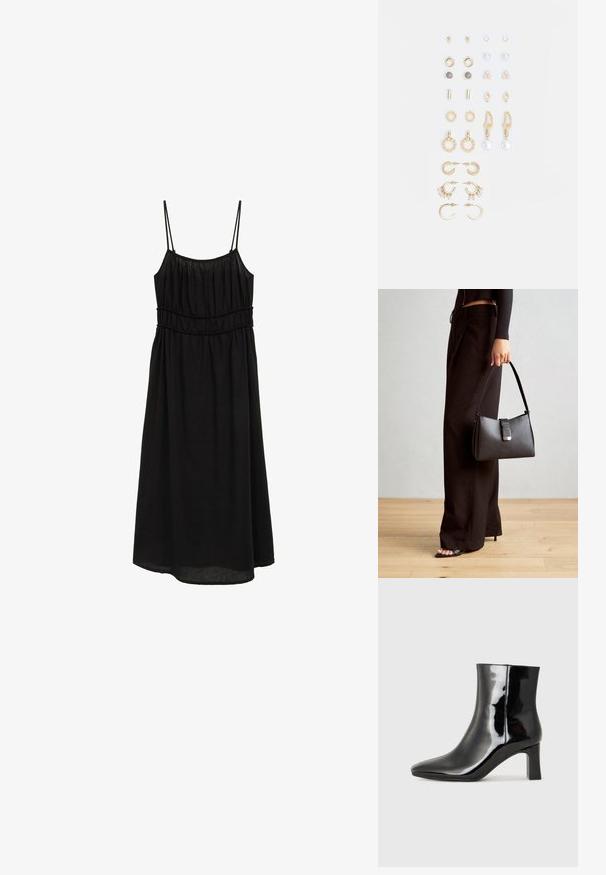 Mustvalge ilma varrukateta kleit õhukeste rihmadega, koondatud rindkereosaga ja lõdvema A-joonega siluetiga. Valmistatud kergest kangast, millel on sile tekstuur.; Must-sinine nahkjalats musta läikiva viimistlusega, millel on terav nina ja keskmise kõrgusega plokk konts. Sile tekstuur ja minimalistik disain.; Must musta kott, millel on struktureeritud kuju, sile tekstuur ja metallist klamber. Kombineeritud laiate mustade pükstega ja avatud varvaste sandaalidega puidust põrandal.; Kullastusust kõrvarõngaste komplekt, mis sisaldab erinevaid disaine, sealhulgas nööpe, rõngaid ja riputatavaid tükke, millel on pärlid ja rhinestones.
