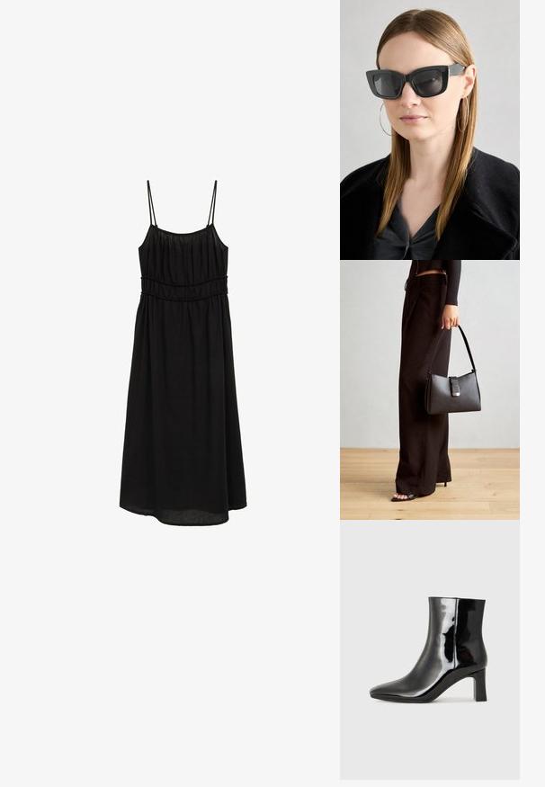 Mustvalge ilma varrukateta kleit õhukeste rihmadega, koondatud rindkereosaga ja lõdvema A-joonega siluetiga. Valmistatud kergest kangast, millel on sile tekstuur.; Must-sinine nahkjalats musta läikiva viimistlusega, millel on terav nina ja keskmise kõrgusega plokk konts. Sile tekstuur ja minimalistik disain.; Must musta prillid tumedate läätsedega, paksude raamidega ja tagasihoidlike aktsentidega. Kantud musta jope ja halli särkiga, pikki sirgeid juukseid kandes.; Must musta kott, millel on struktureeritud kuju, sile tekstuur ja metallist klamber. Kombineeritud laiate mustade pükstega ja avatud varvaste sandaalidega puidust põrandal.