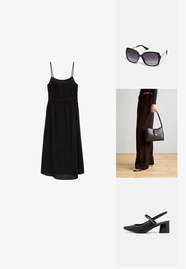 Čierne šaty bez rukávov s tenkými ramienkami, skladaným korzetom a uvoľnenou siluetou vo forme A. Vyrobené z ľahkej tkaniny s hladkou textúrou.; Čierne lakované kožené lodičky so slingback dizajnom, špicatou špičkou, zaobleným výrezom a blokovým podpätkom. Obsahuje akcent zlatého tónu s prackou.; Čierne oversized slnečné okuliare s gradientovými sklíčkami, hrubými rámami a zlatým retiazkovým detailom na stranách.; Čierna kabelka so štruktúrovaným tvarom, hladkou textúrou a kovovou sponou. V kombinácii so širokými čiernymi nohavicami a sandálmi s otvorenou špičkou na drevenej podlahe.
