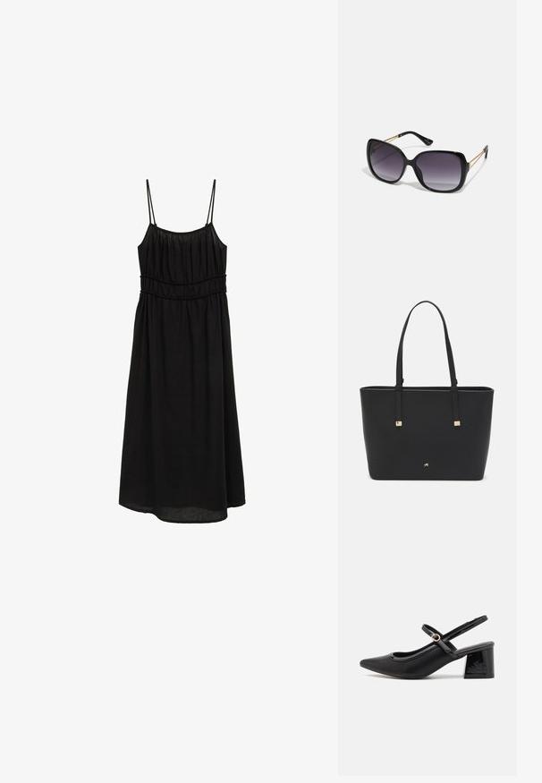 Fekete, ujjatlan ruha vékony pántokkal, ráncolt mellrésszel és laza A-vonalú sziluettel. Könnyű anyagból készült, sima textúrával.; Fekete lakk bőr, pántos magassarkú cipő, hegyes orral, lekerekített kivágással és tömbsarkal. Arany színű csat díszíti.; Fekete, oversize napszemüveg fokozatos árnyalatú lencsékkel, vastag kerettel és arany színű lánc díszítéssel a szárakon.; Fekete tote táska szintetikus anyagból, egyszerű téglalap formájú dizájnnal, arany négyzet díszítésekkel és dupla fogantyúkkal.