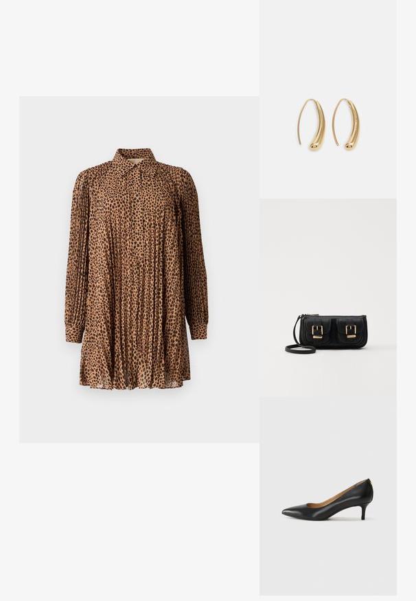 Oblačilo s potiskom rjavega leoparda, lahka tkanina, dolgi rokavi z manšeti, plisirana zasnova, podrobnosti o ovratniku, dolžina nad kolenom.; Črne usnjene črpalke s koničastim nosom, nizko peto in gladko teksturo. Imajo rahlo odprtino spredaj in minimalno opremo zadaj.; Črna usnjena torbica čez ramo z dvema sprednjima žepoma, zlatimi zaponkami, zadrgo in ozkim pasom. Tekstura površine je strukturirana, obliko pa ima kompaktno pravokotno.; Zlato-tonirani kovinski uhani v obliki obroča s krivuljo in podolgovato obliko. Imajo gladko, sijočo površino in zaobljen vrh za dodaten detajl.