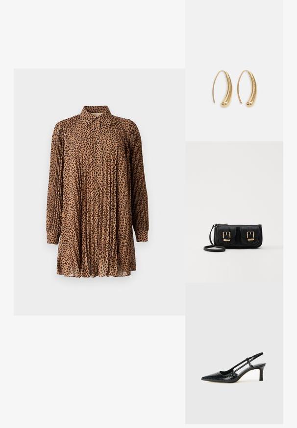 Braun-leopardenmuster Kleid, leichtes Material, lange Ärmel mit Manschetten, plissiertes Design, Kragen Detail, Oberschenkel-lange.; Schwarze Lack-Slingback-Pumps mit spitzem Zehenbereich, versehen mit strukturiertem Schlangenprint, verstellbarem Riemen und einem kurzen, strukturierten Blockabsatz.; Schwarze Leder-Umhängetasche mit zwei vorderen Taschen, goldenen Schnallen, Reißverschluss und einem schmalen Tragegurt. Texturierte Oberfläche und kompakte rechteckige Form.; Goldfarbene Metall-Hoops mit einer geschwungenen, länglichen Form. Sie verfügen über eine glatte, glänzende Oberfläche und eine abgerundete Spitze für zusätzliche Details.