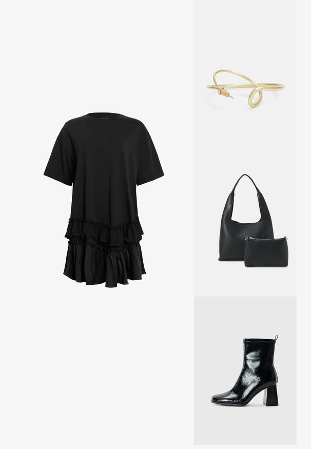 Crna haljina kratkih rukava od glatkog materijala, s nabranim detaljima na rubu koja dodaje teksturu i pruža ležeran izgled.; Crne lakirane čizme do gležnja sa četvrtastim prstom i masivnom geometrijskom petom. Imaju glatku, sjajnu teksturu i stražnju traku za lakše obuvanje.; Even&Odd Ručna torba - black; Zlatna metalna narukvica s fluidnim, zavojitim dizajnom. Sadrži mali, istaknuti srebrni akcent na jednom kraju.