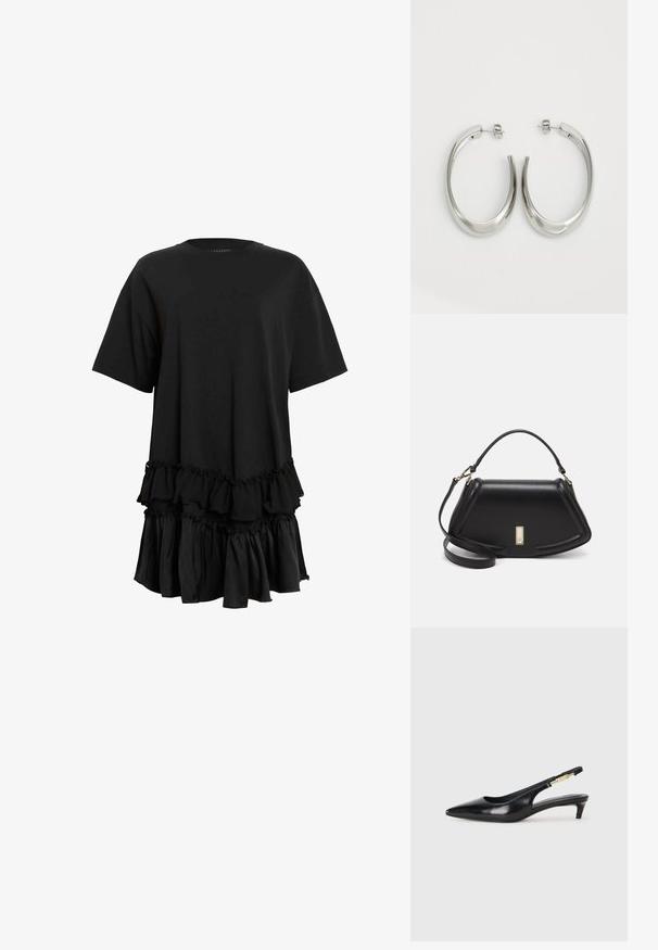 Schwarzes, kurzärmliges Kleid aus glattem Stoff, mit gerafften Volants am Saum für zusätzliche Textur und einer lässigen Silhouette.; Schwarze Leder-Slingback-Pumps mit spitzem Schuhblatt, ausgestattet mit einem schlanken Absatz und einem goldfarbigen Akzent am verstellbaren Riemen. Glatte Textur.; Schwarze Lederhandtasche mit einem strukturierten Design, das eine verkürzte Form, einen oberen Griff und goldfarbene Hardware-Details aufweist. Verstellbarer Schulterriemen ist enthalten.; Silberne Creolen mit einem glatten, geschwungenen Design. Mit einem glänzenden metallischen Finish und Steckverschluss. Keine sichtbaren Muster oder Akzente.